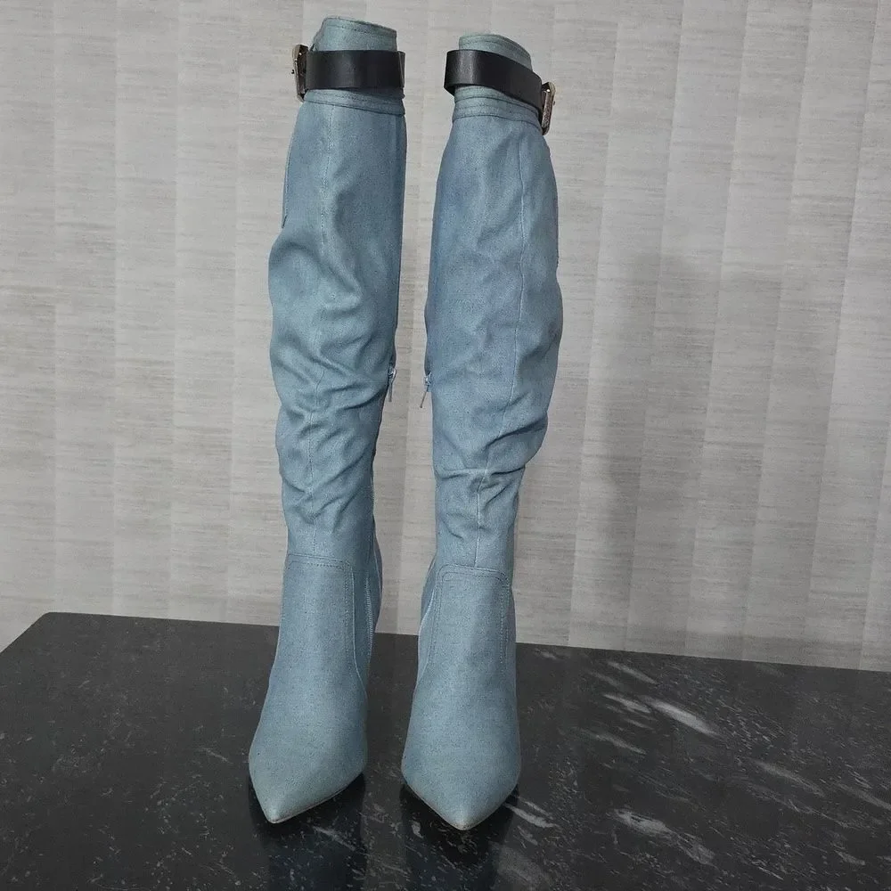 BRAND NEW SHOEDAZZLE BUCKLE OVER THE KNEE STILETTO HEEL WOMENS SLOUCH BOOTS